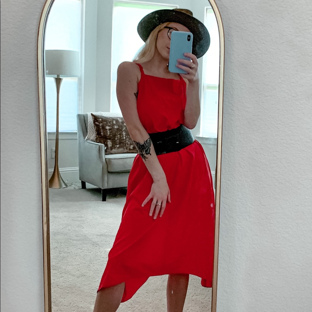 PROLOGUE asymmetrical orange red midi dress